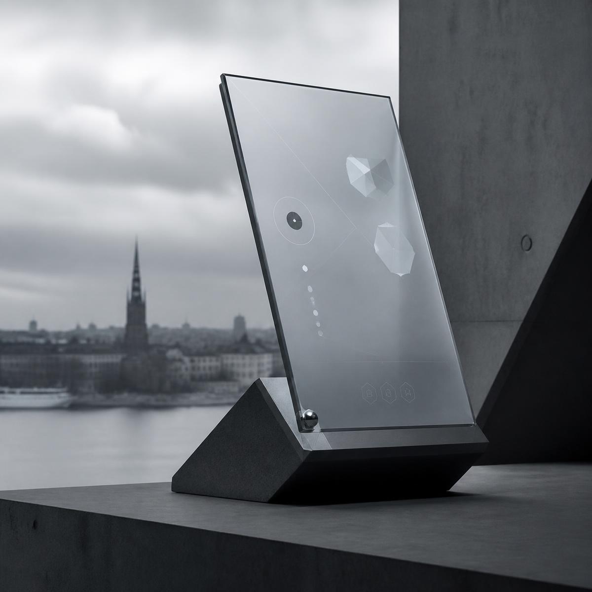 Futuristic geometric contact interface in Scandinavian minimalist style overlooking Stockholm