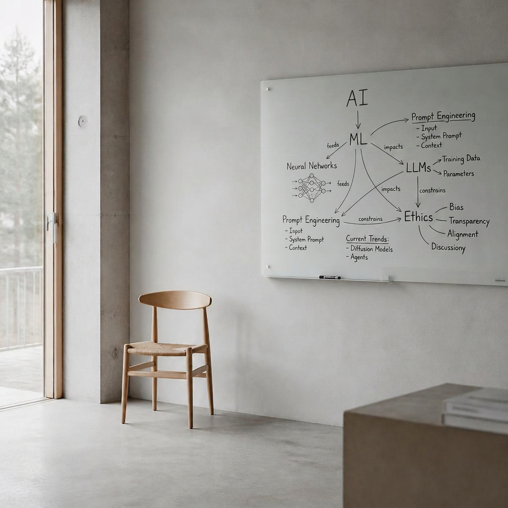 Whiteboard with AI, ethics and LLMs written on it during a masterclass